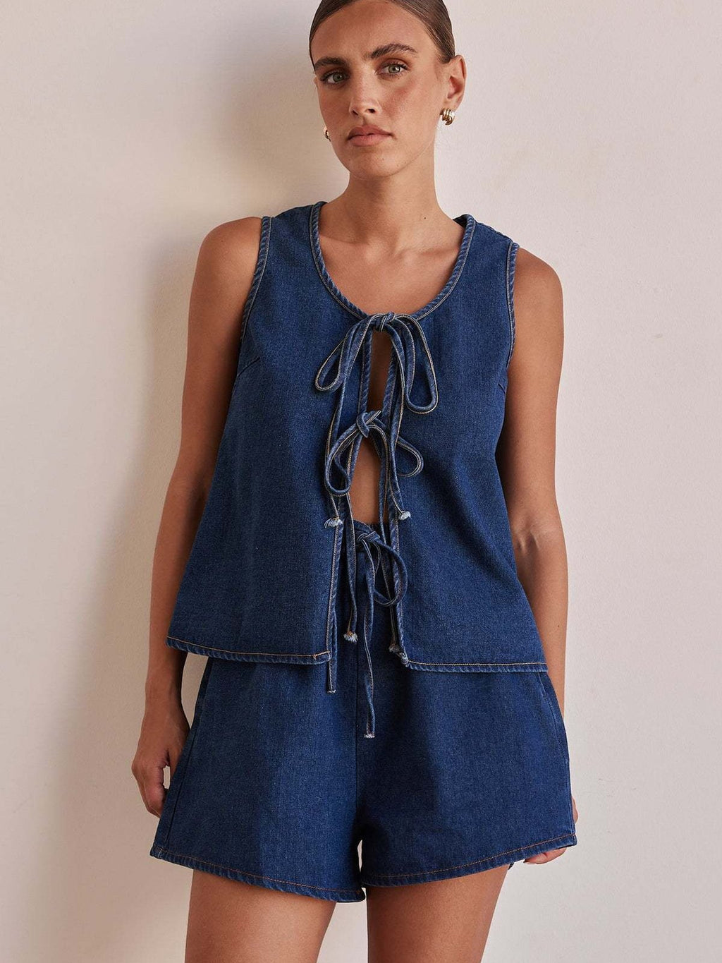 Denim Lace Up Shorts Set