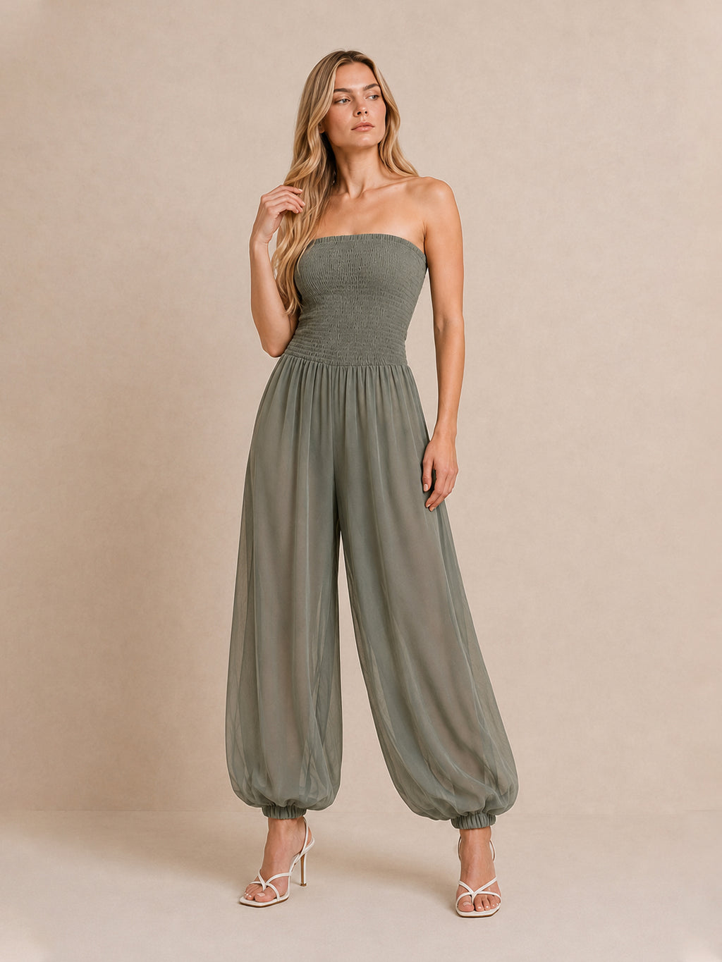 Strapless Smocked Wide Jumpsuit