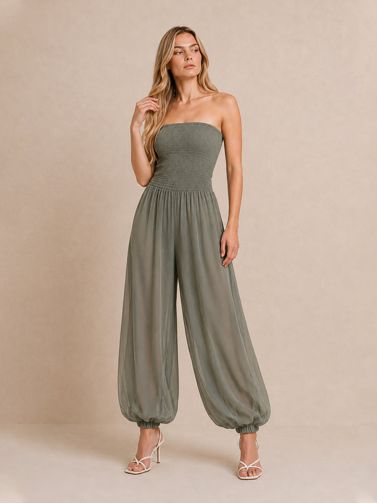Strapless Smocked Wide Jumpsuit