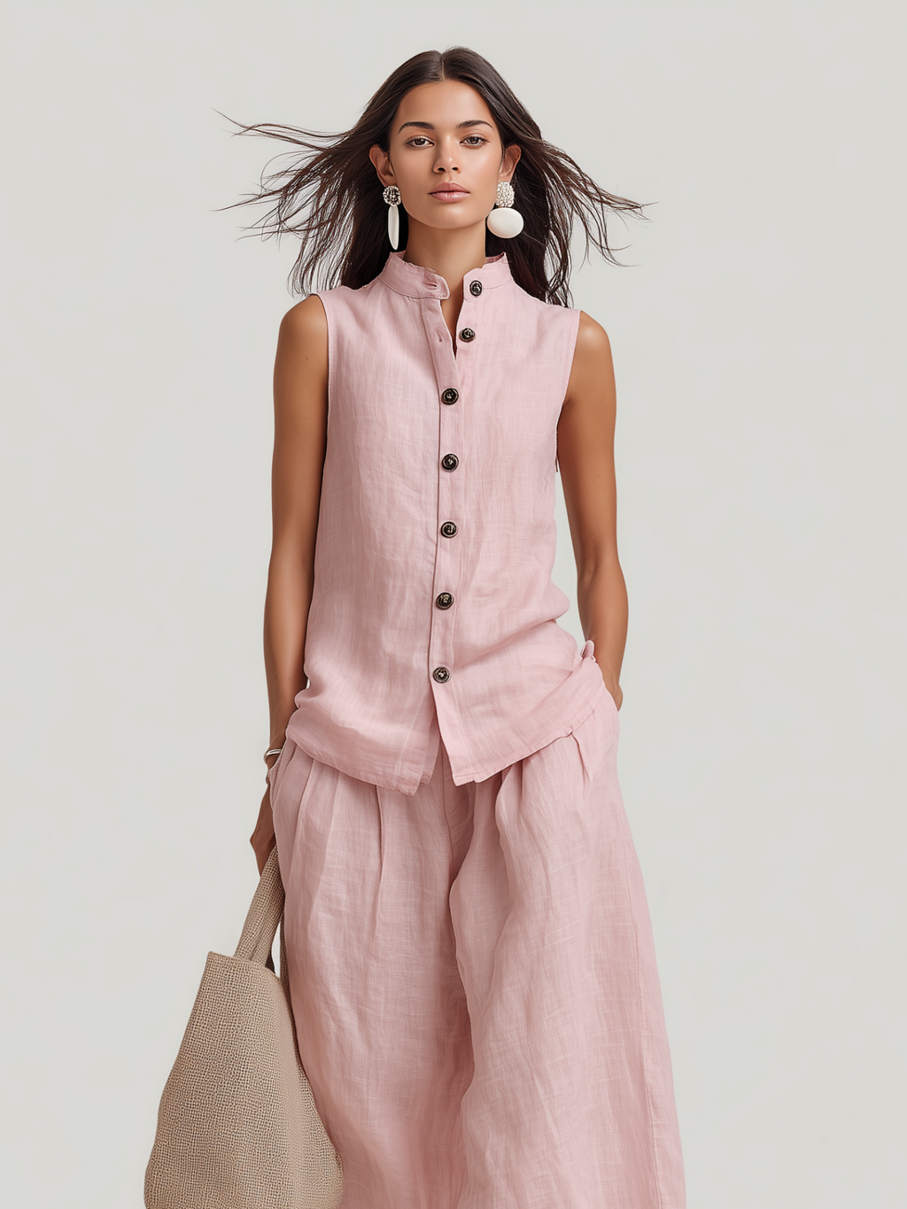 Linen Sleeveless Button-Up Top and Wide-Leg Pants Set for Women - Comfortable, Breathable, Casual Summer Outfit
