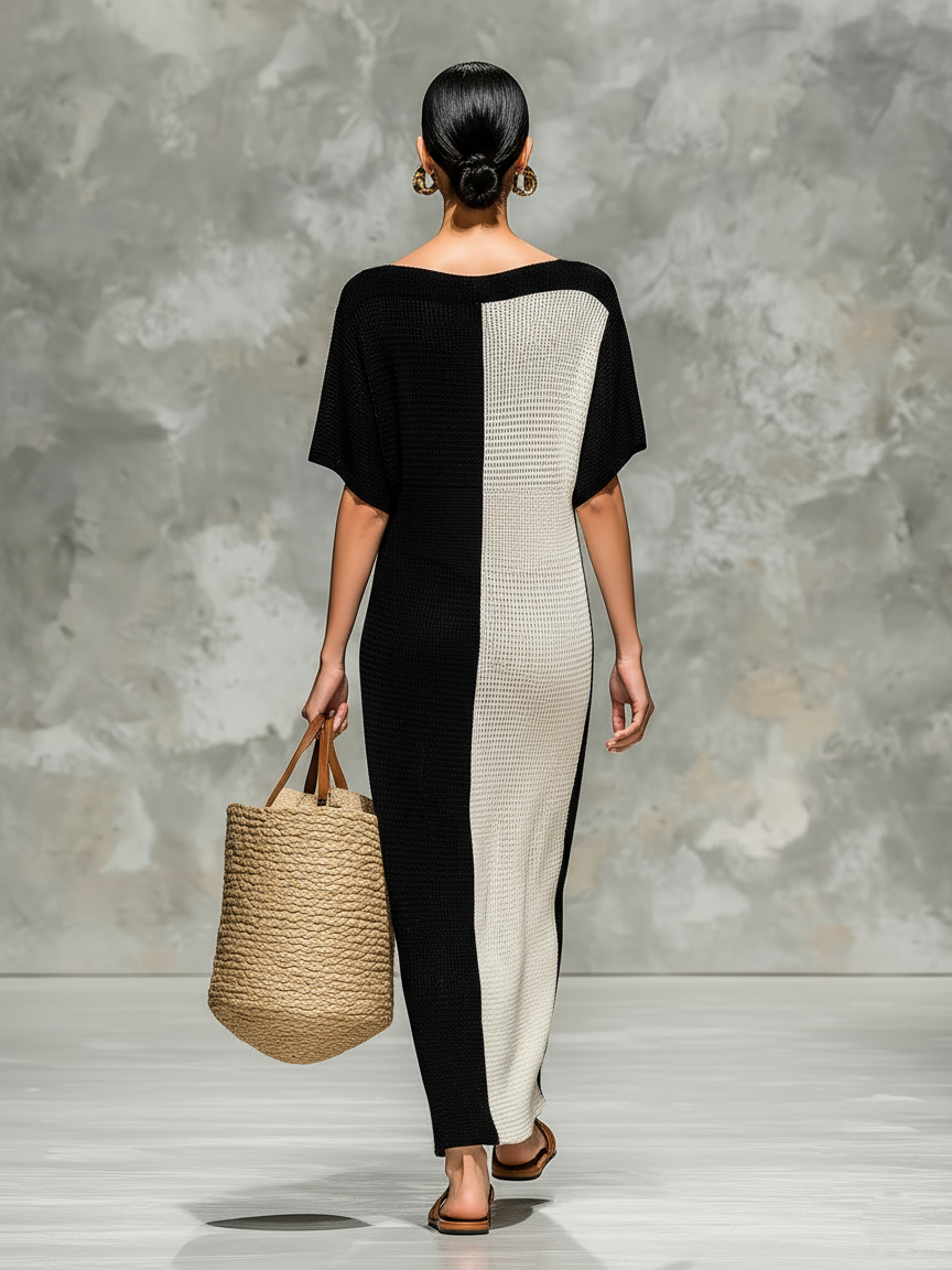 Knitted Cotton Blend Color-Block Midi Dress with Off-Shoulder Design