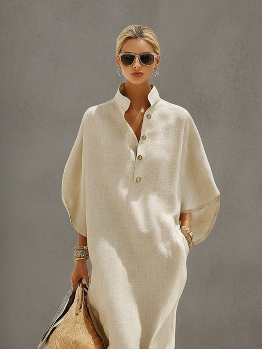 Linen Maxi Dress for Women Loose Long Sleeve V-Neck Button Down Boho Casual Summer Dress