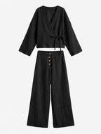 Leinen-Wickeloberteil und Hose mit weitem Bein