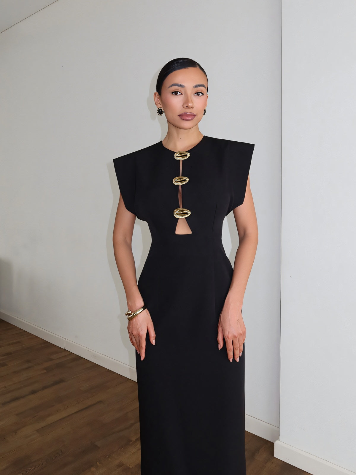 Metal Button Cut Out Midi Dress