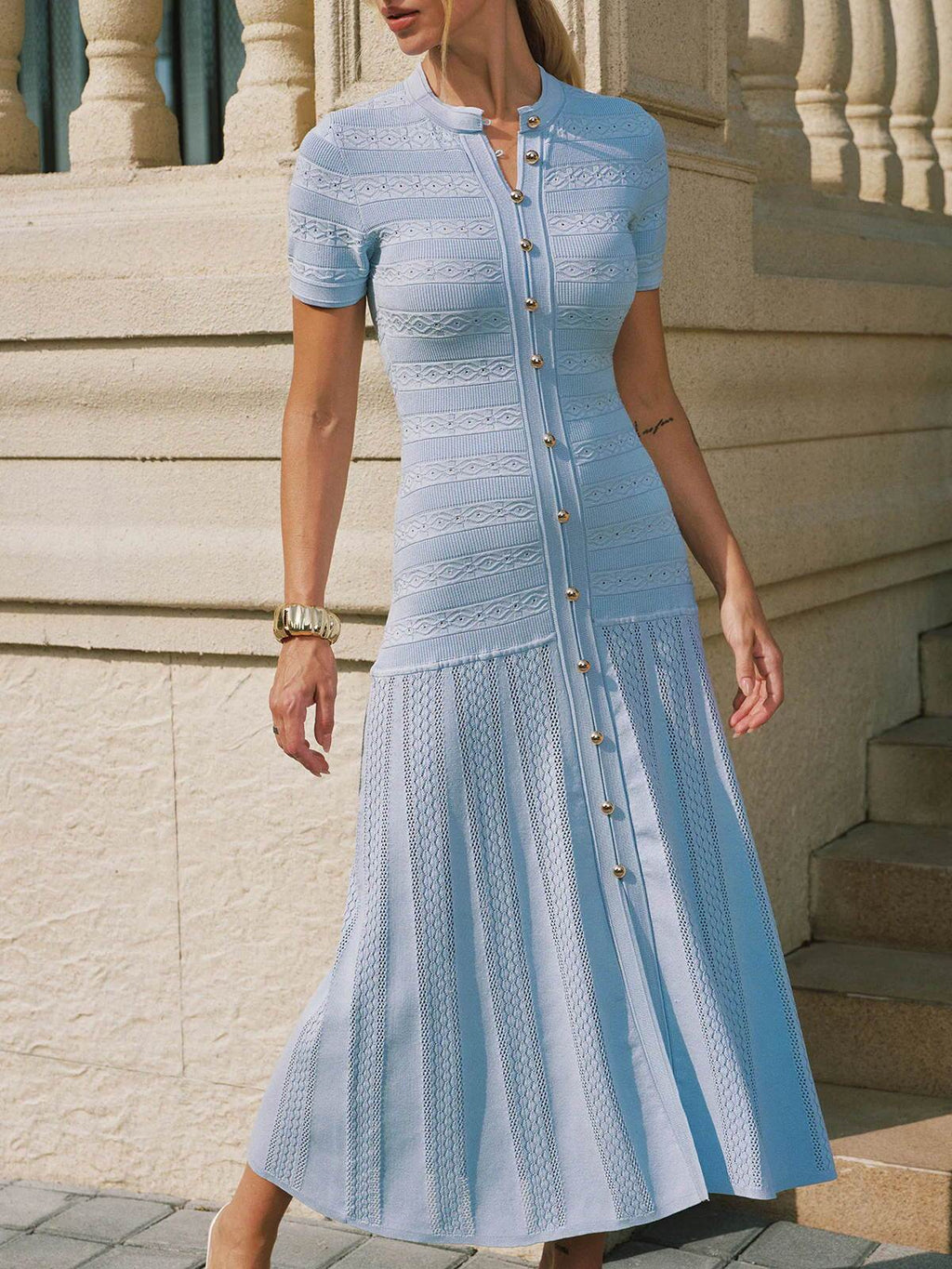Pointelle Knit Button-Front Midi Dress