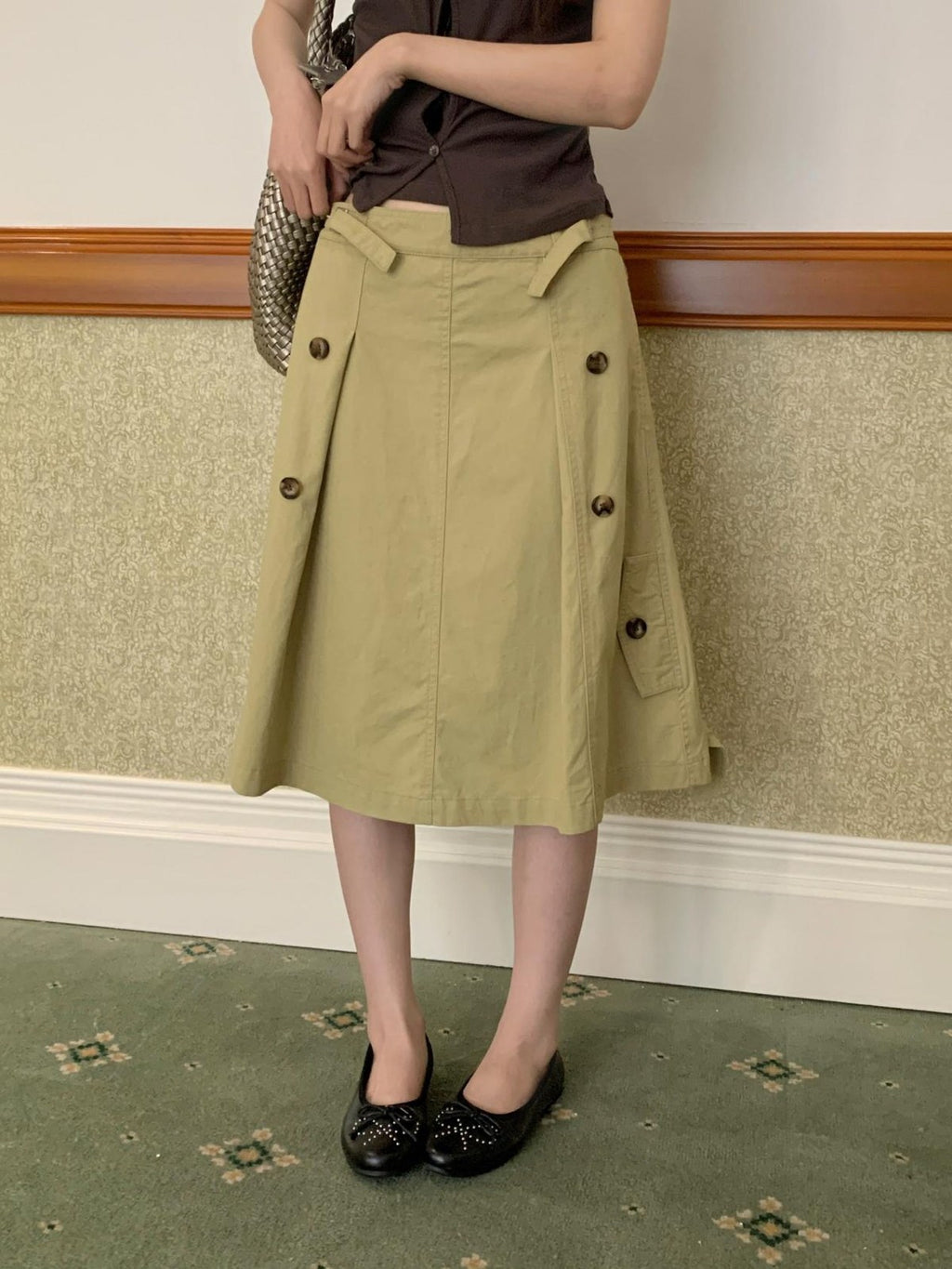 Button-Detail Cotton A-Line Midi Skirt