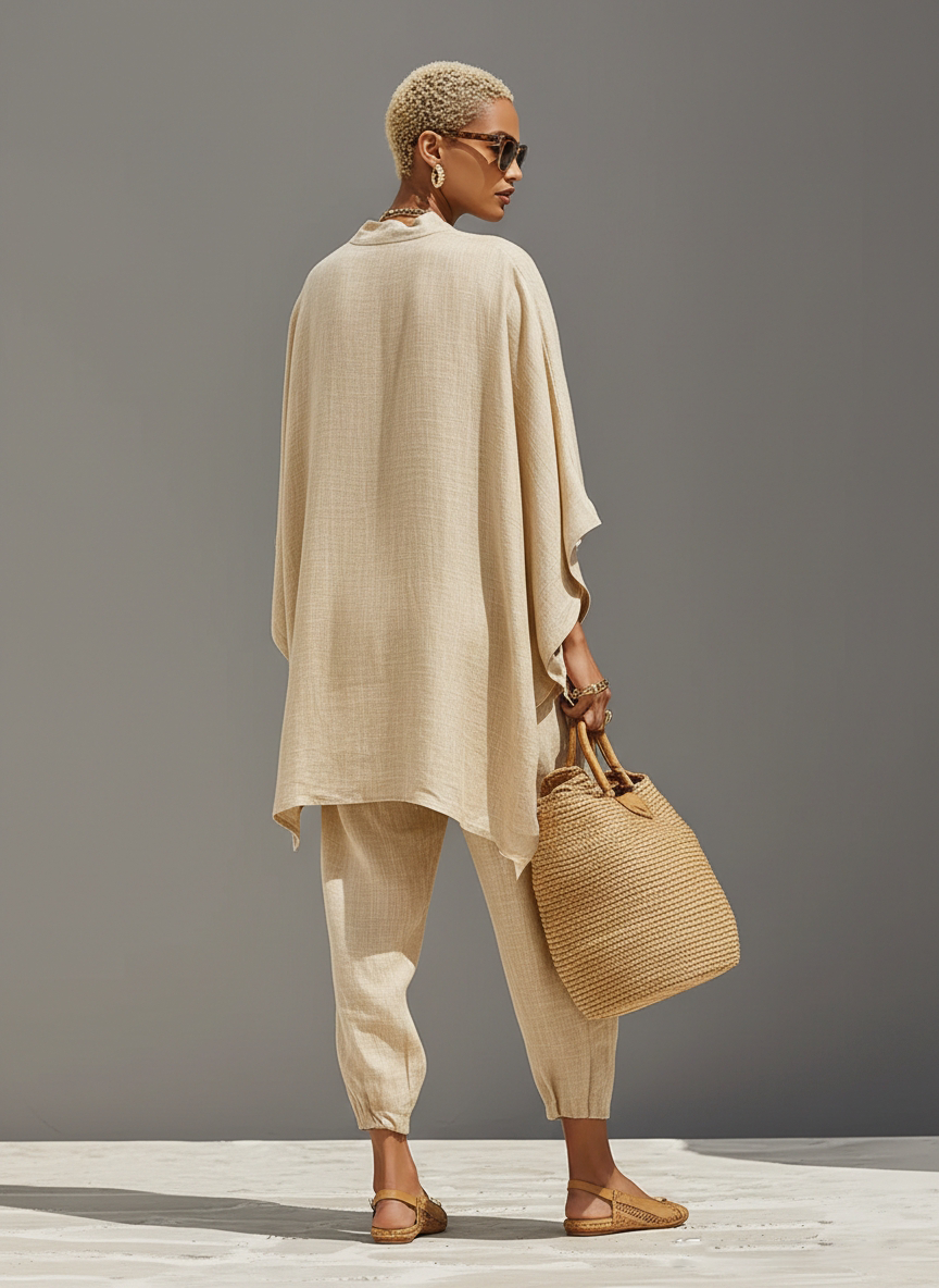 Linen Women's Boho Oversized V-Neck Tunic Top & Matching Pants Set