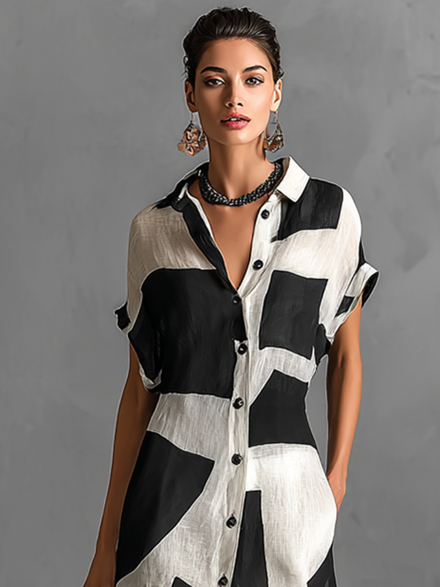 Linen Geometric Print Button-Down Maxi Dress with Side Slit for Women