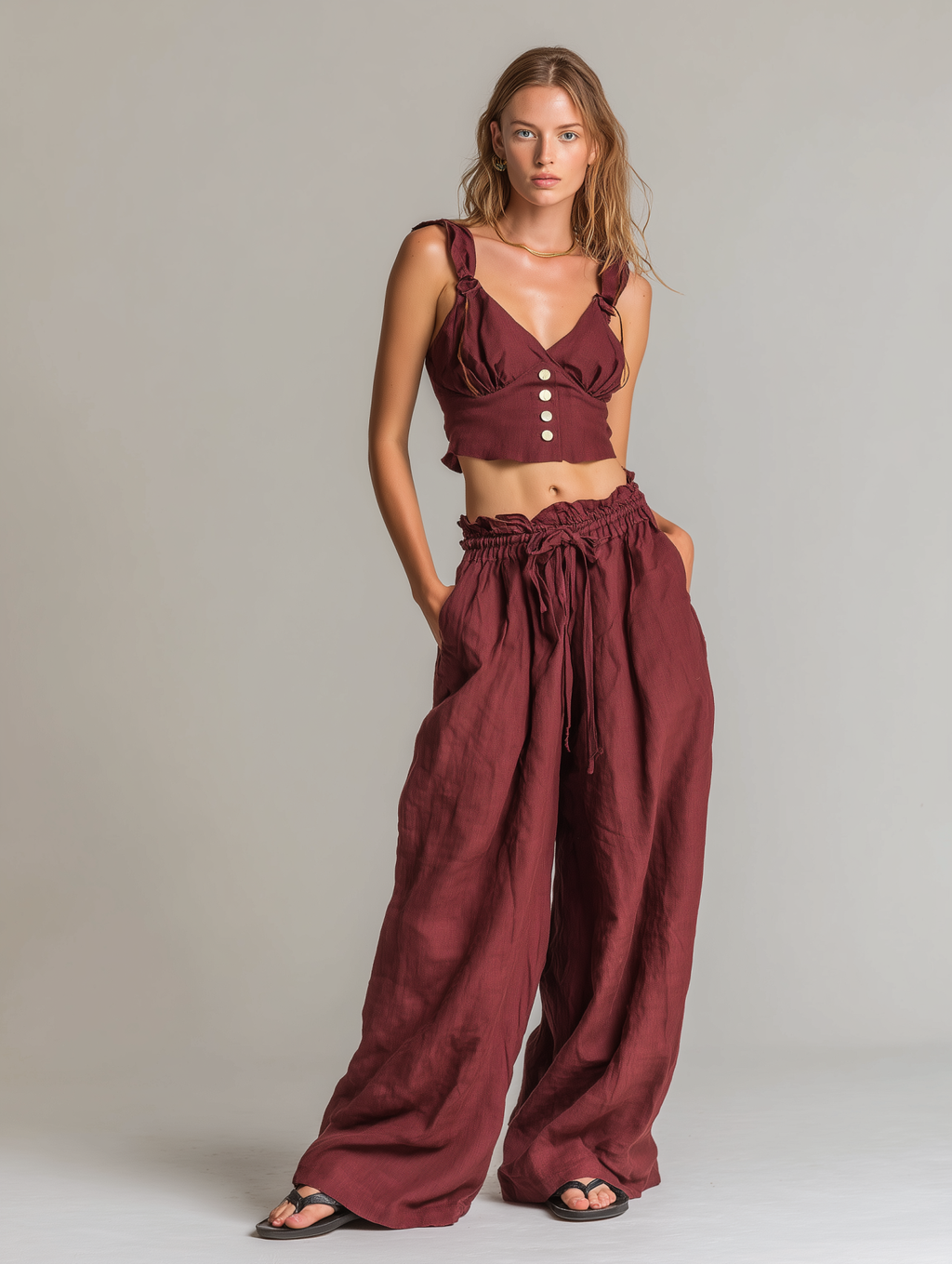 Linen Wide Leg Pants Set Women's Boho Style Maroon Crop Top and Palazzo Pants Loose Comfortable Summer Outfit