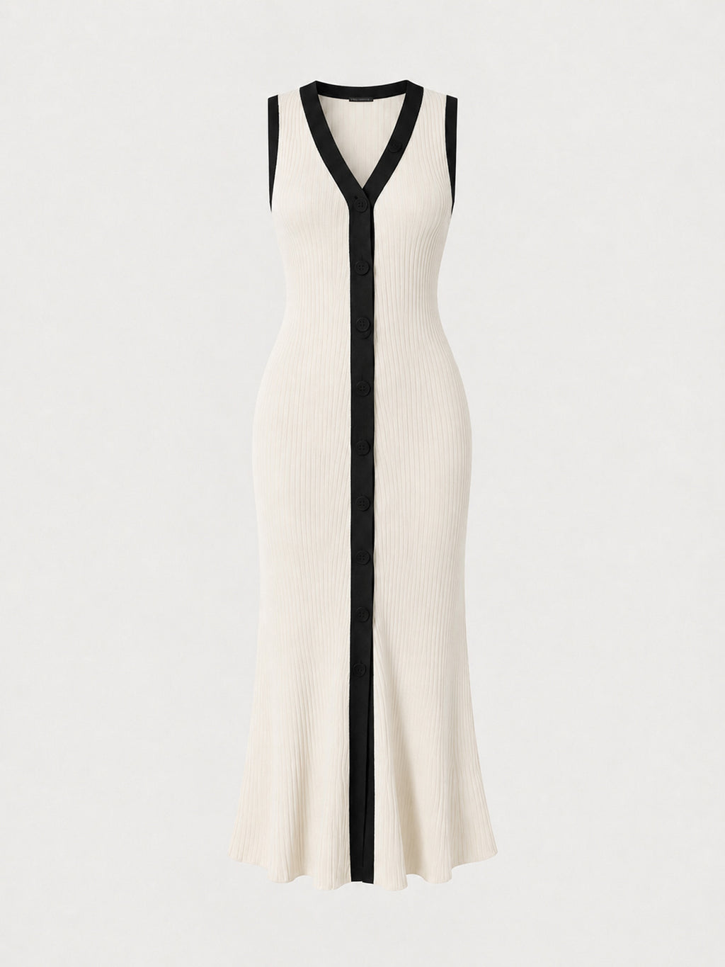 Ribbed Contrast Trim Button Midi Dress