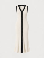 Ribbed Contrast Trim Button Midi Dress