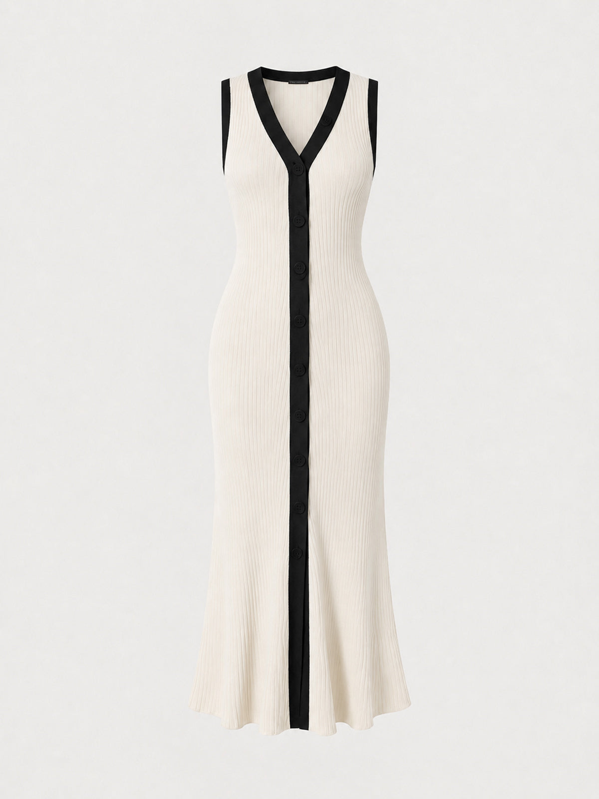 Ribbed Contrast Trim Button Midi Dress
