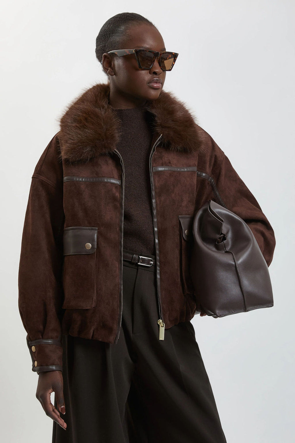 Faux Suede Fur Collar Utility Jacket