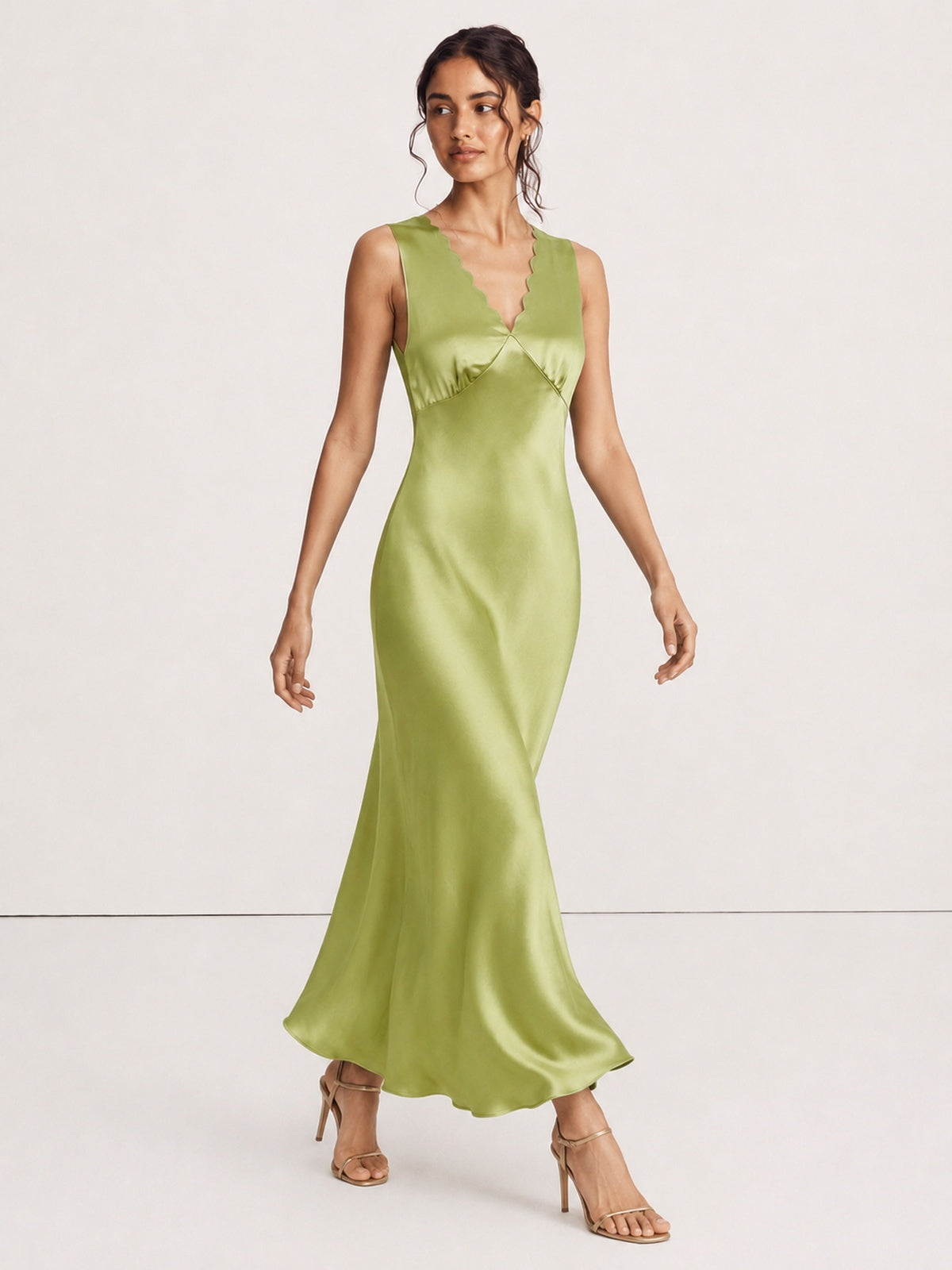 Scalloped V-Neck Satin Maxi Dress