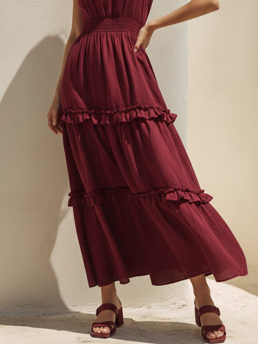 Cotton Blend Tiered Sleeveless Maxi Dress with Ruffle Hem for Women