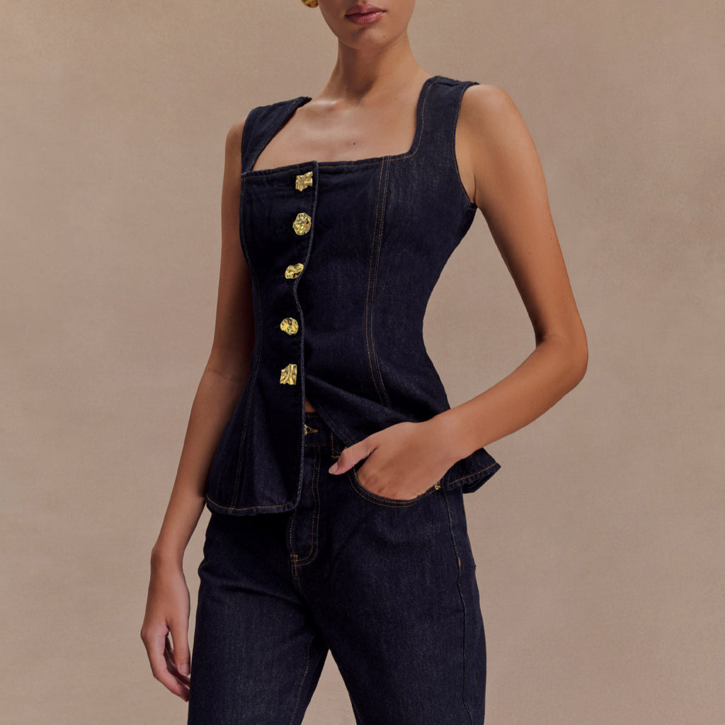 Denim Peplum Top & Pants Set