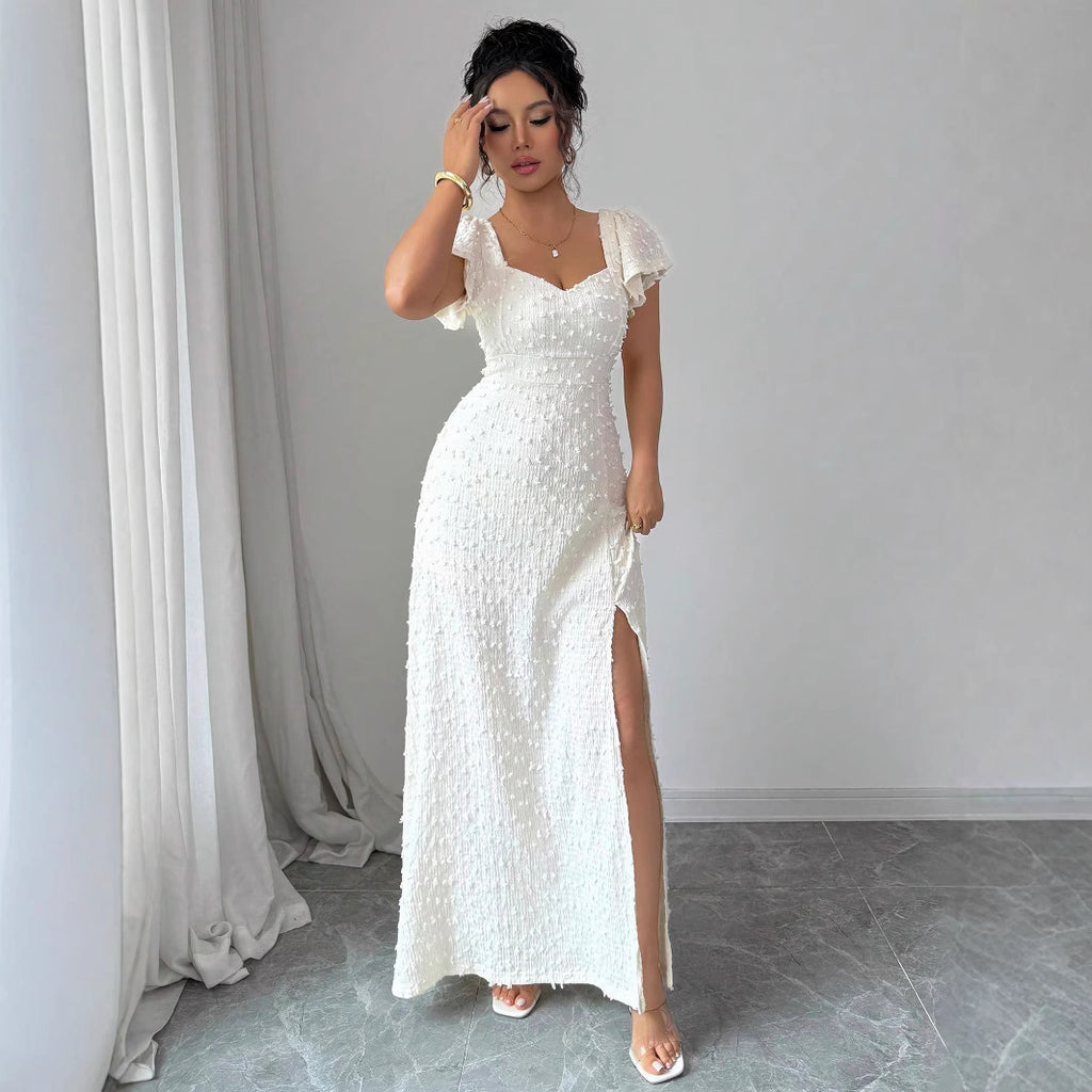 Textured Square Neck Slit Maxi Dress
