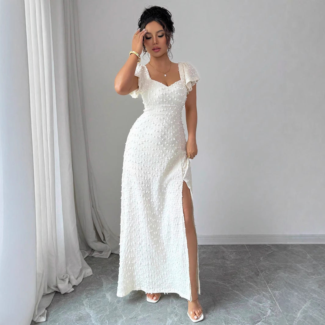 Textured Square Neck Slit Maxi Dress