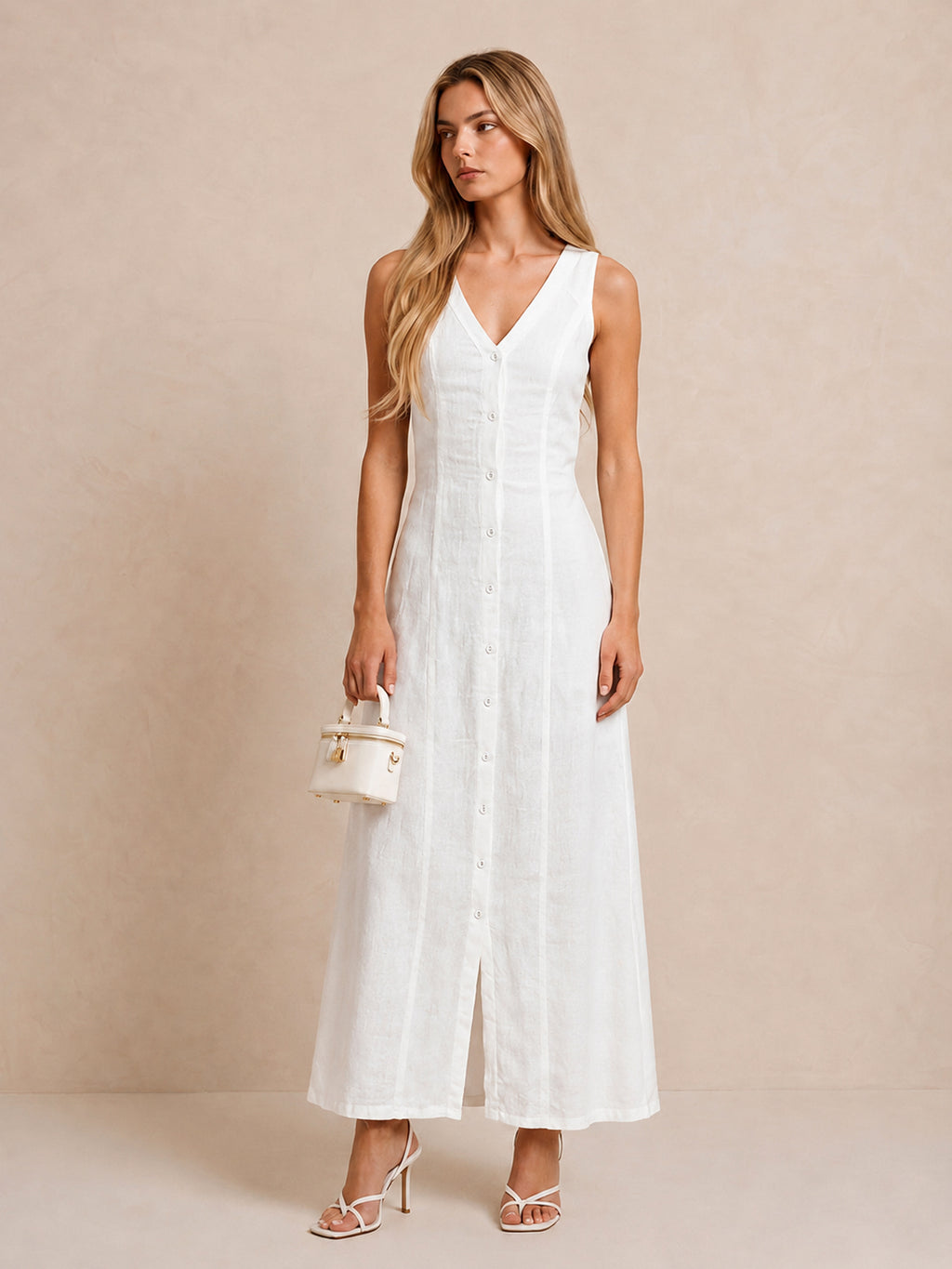 Sleeveless Button Linen Maxi Dress