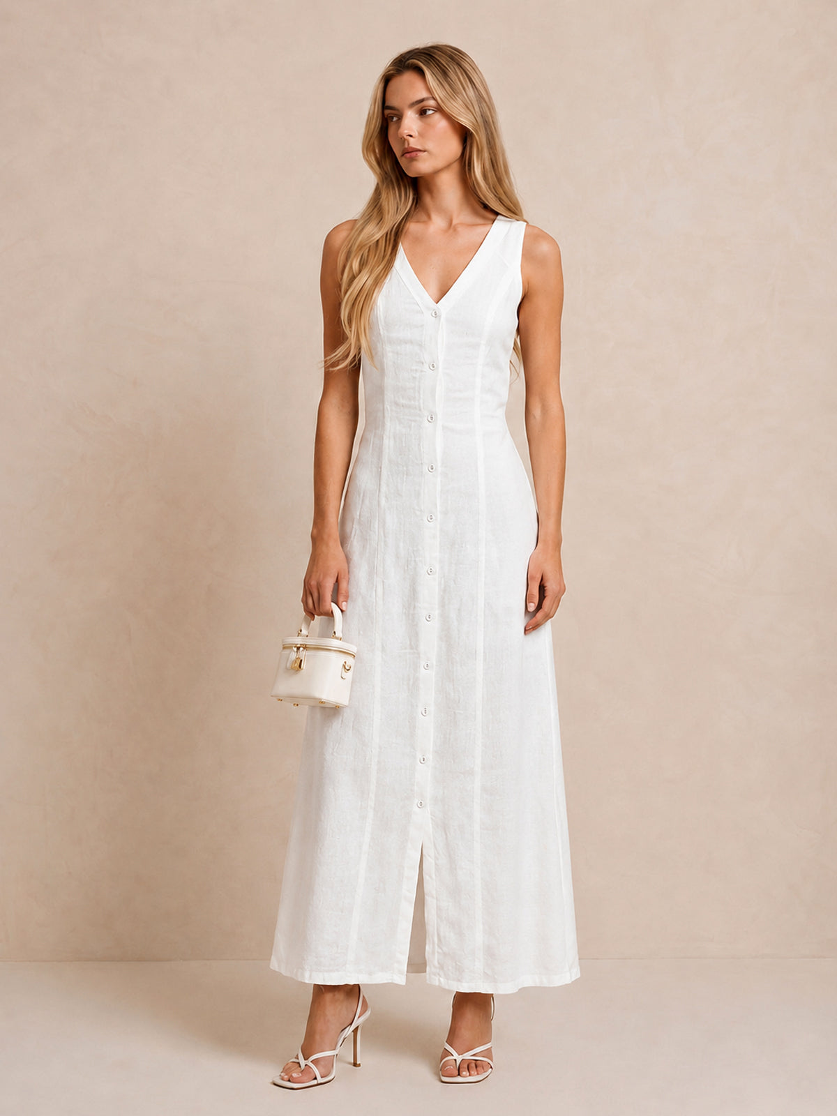 Sleeveless Button Linen Maxi Dress