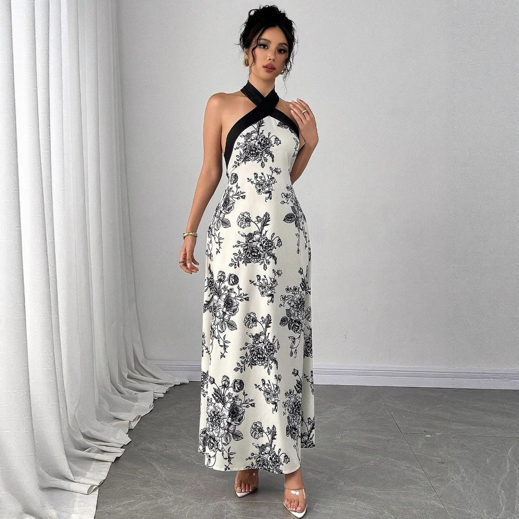 Floral Print Halter Neck Slim Fit Maxi Dress