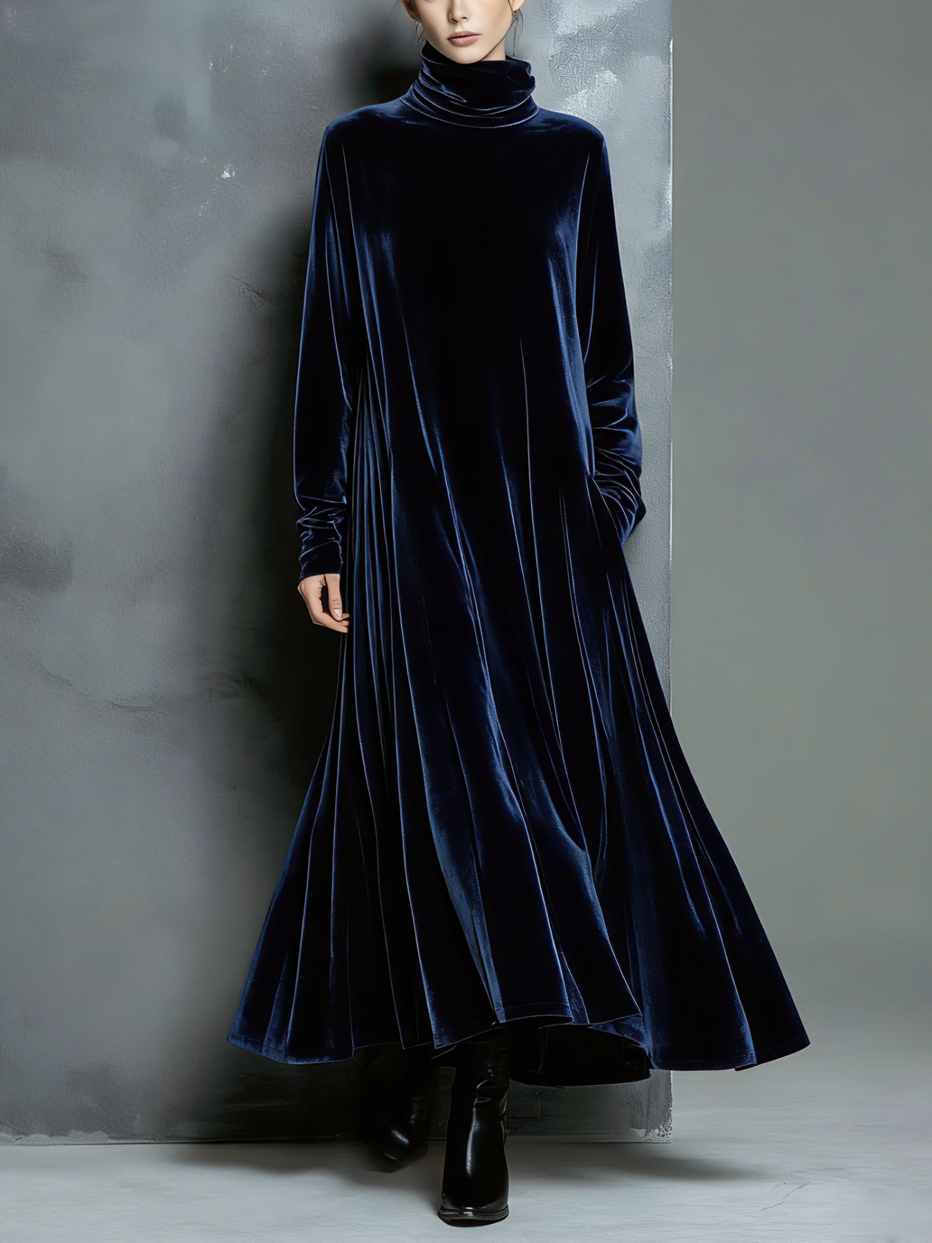 Velvet Long Turtleneck Maxi Dress for Women - Elegant High Neck Floor Length Dress with Flared Hem