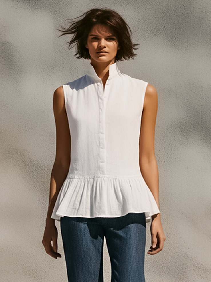Cotton Linen Sleeveless Peplum Top with Flared Hem and High Collar