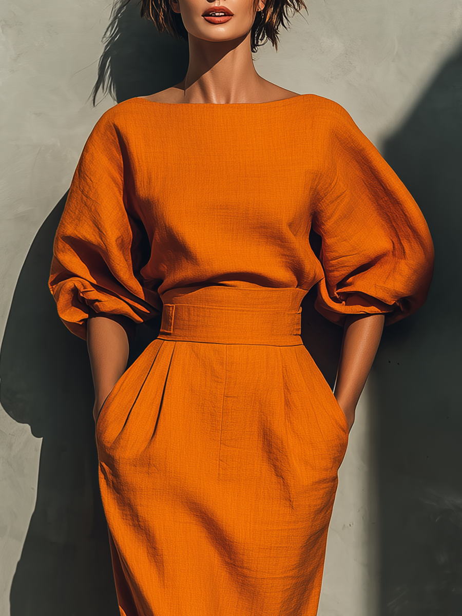 Linen Two-Piece Set Orange Midi Dress with Puff Sleeves and High Waist Skirt