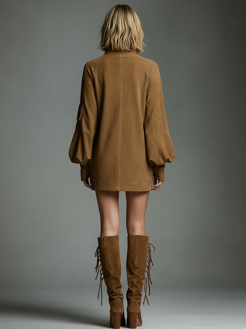 Suede Turtleneck Mini Dress with Puff Sleeves and Side Pockets