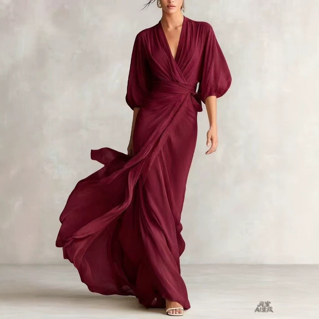 Ruched Wrap V Neck Flowy Maxi Dress