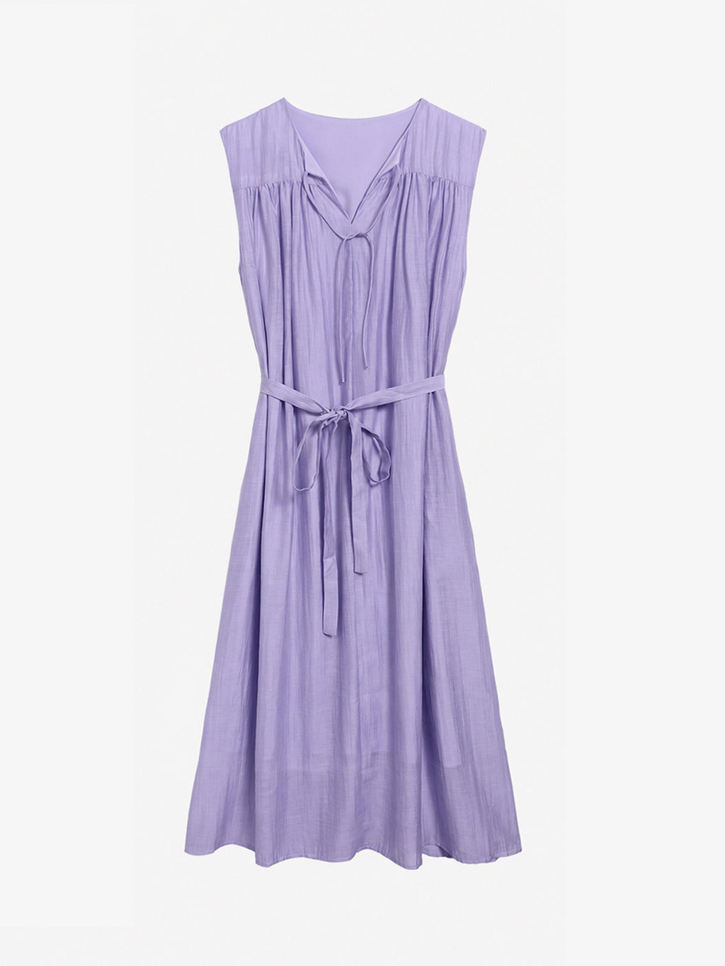 Gathered Split-Neck Tie-Waist Midi Dress