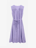 Gathered Split-Neck Tie-Waist Midi Dress