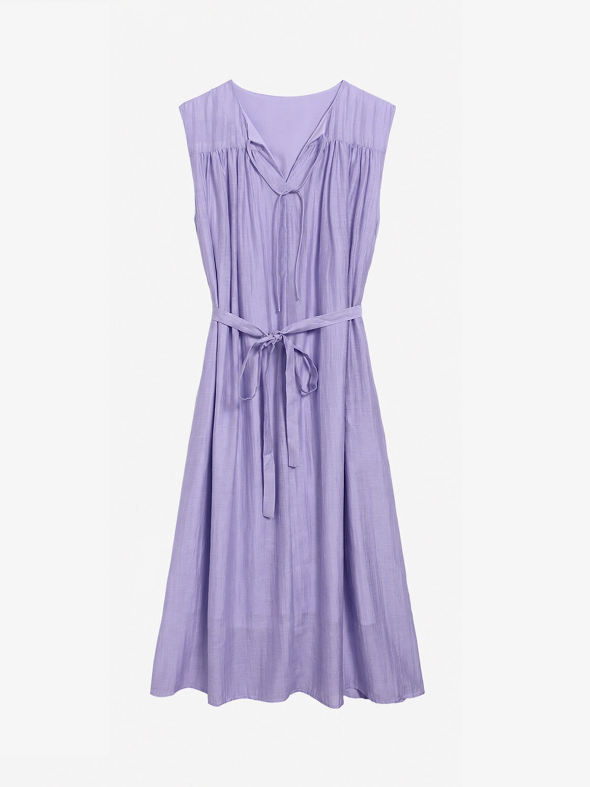 Gathered Split-Neck Tie-Waist Midi Dress