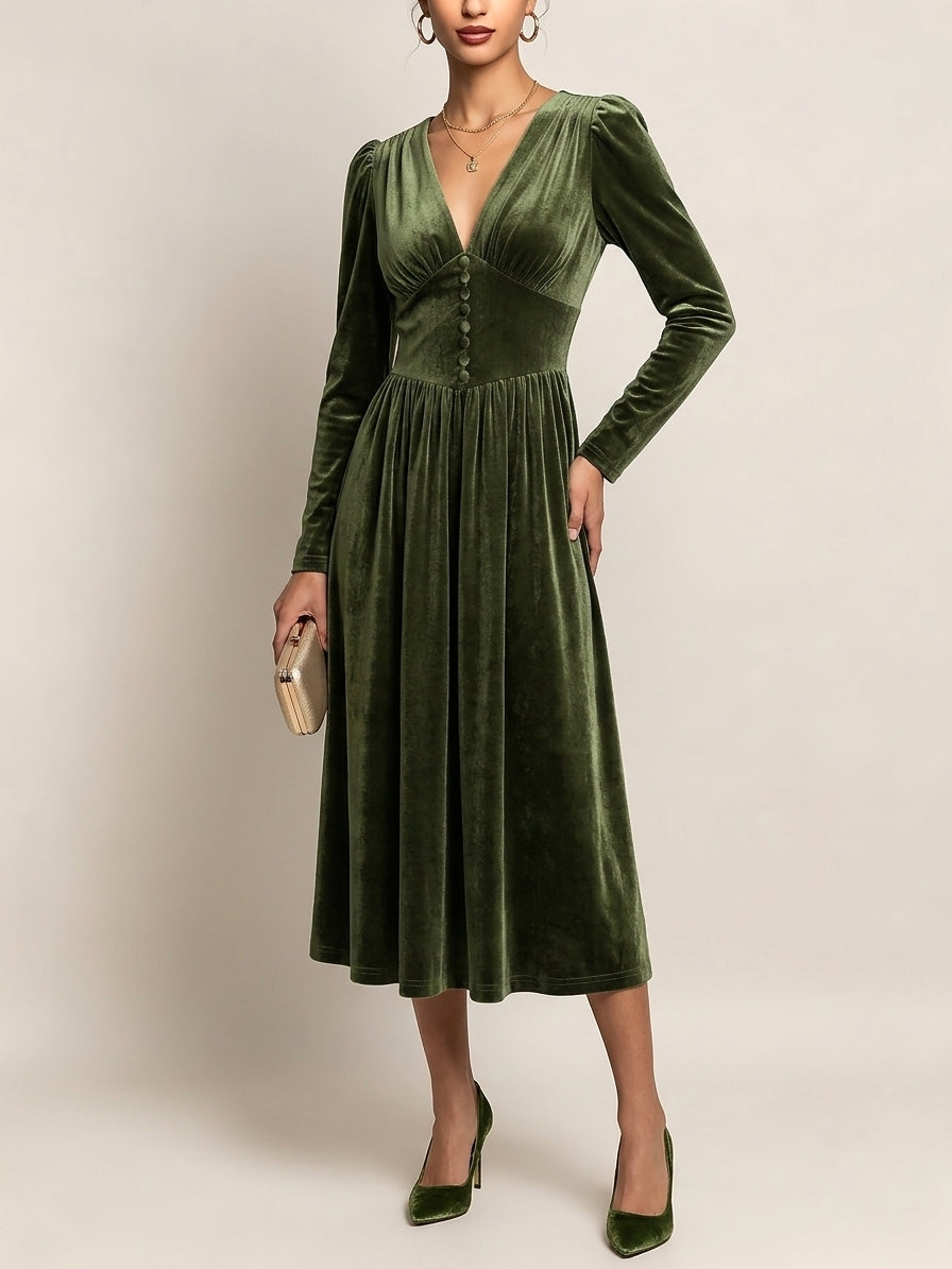 Retro V-Neck Velvet Midi Dress