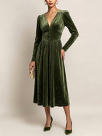 Retro V-Neck Velvet Midi Dress