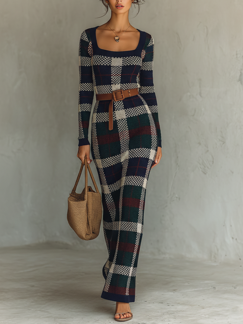 Knitted Plaid Long Sleeve Jumpsuit with Square Neck and Belted Waist for Women