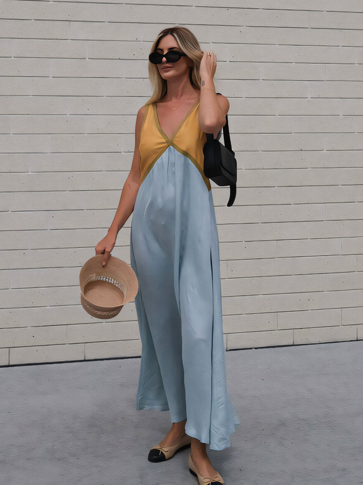 Color Block V Neck Midi Dress