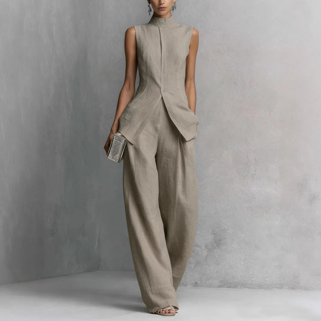 High-Neck Sleeveless Vest & Wide-Leg Pants Set