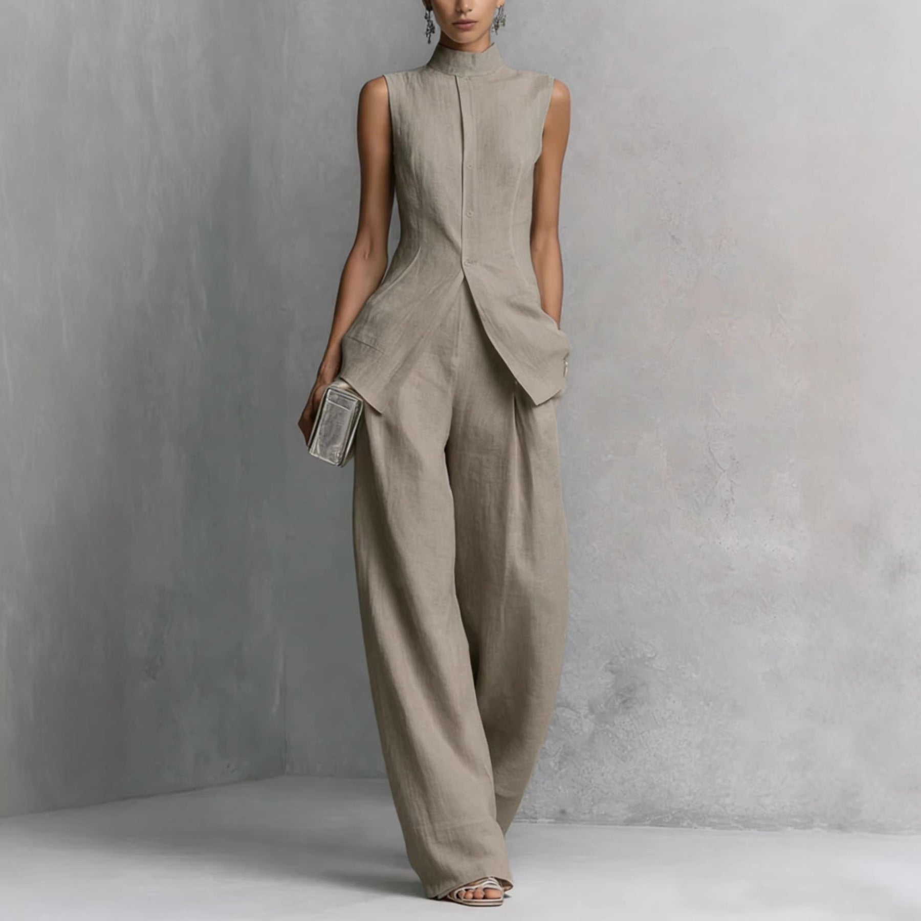 High-Neck Sleeveless Vest & Wide-Leg Pants Set