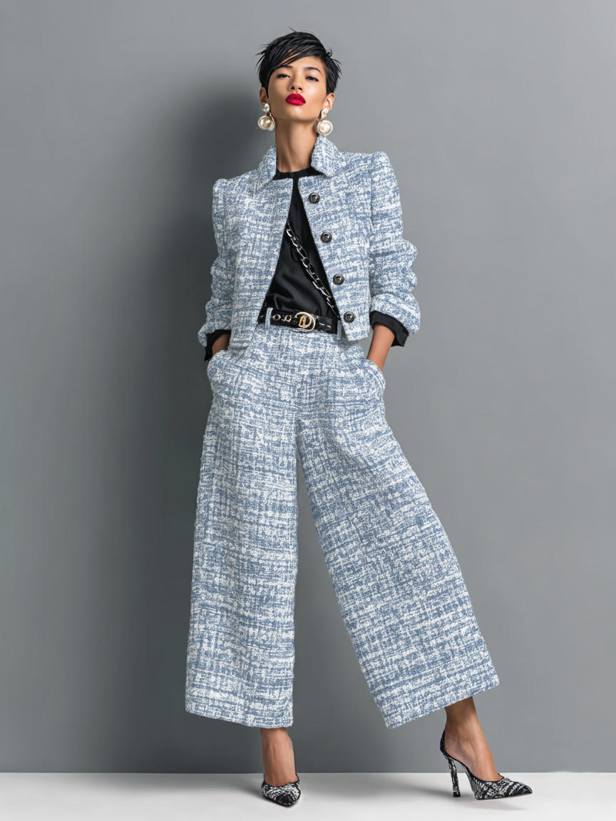 Tweed Wool Blend Wide Leg Pants & Blazer Set for Women - Stylish Office Workwear with Plaid Pattern and Belted Design