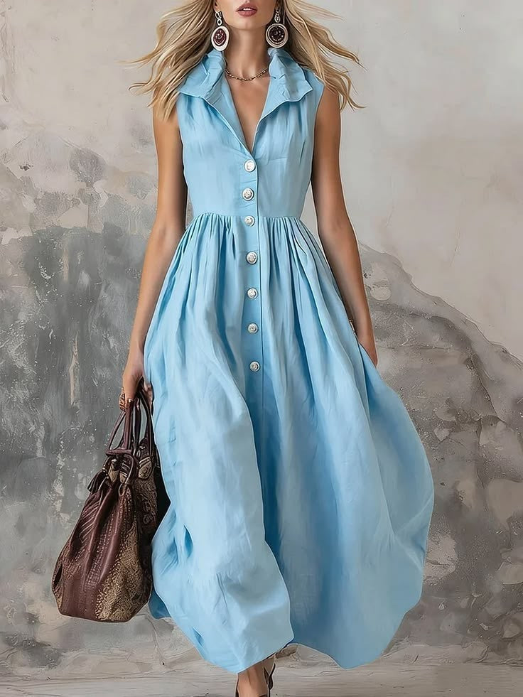 Light Blue Linen Sleeveless Button-Down Maxi Dress
