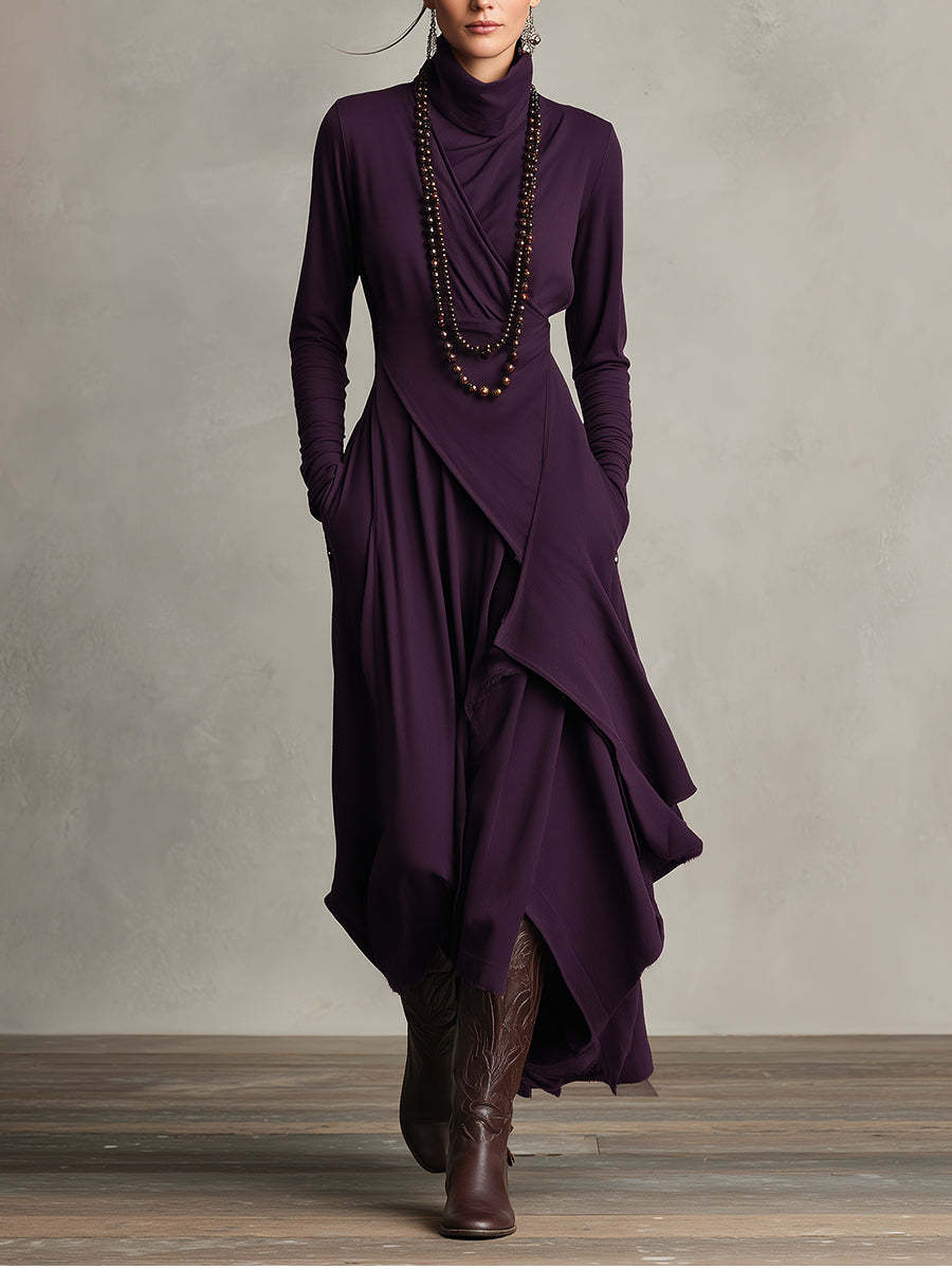 Asymmetric Draped Turtleneck Midi Dress