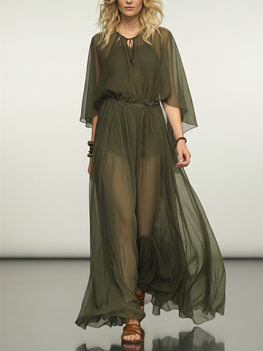 Chiffon Maxi Dress for Women - Flowy Long Sleeve Boho Summer Dress with Tie Neck and Wide Leg Pants