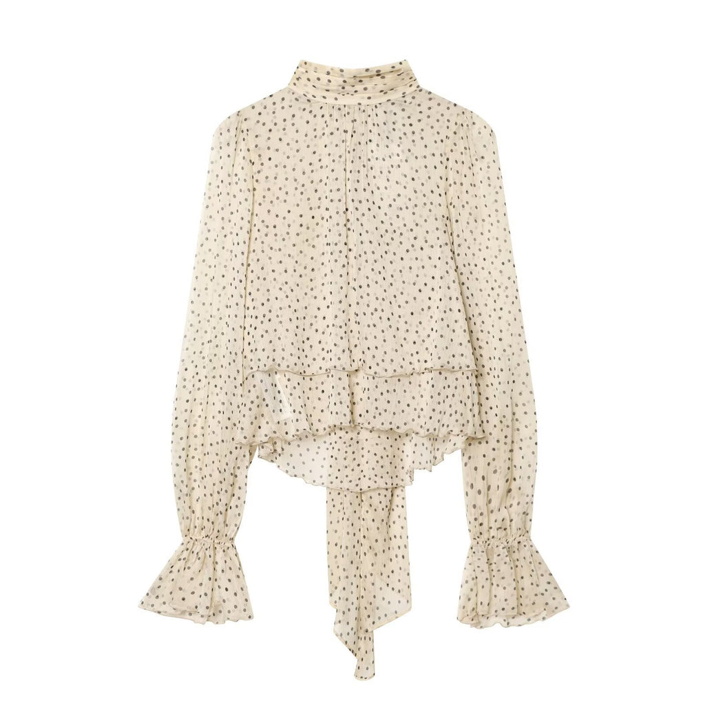 Polka Dot Tie-Neck Ruffle-Cuff Blouse