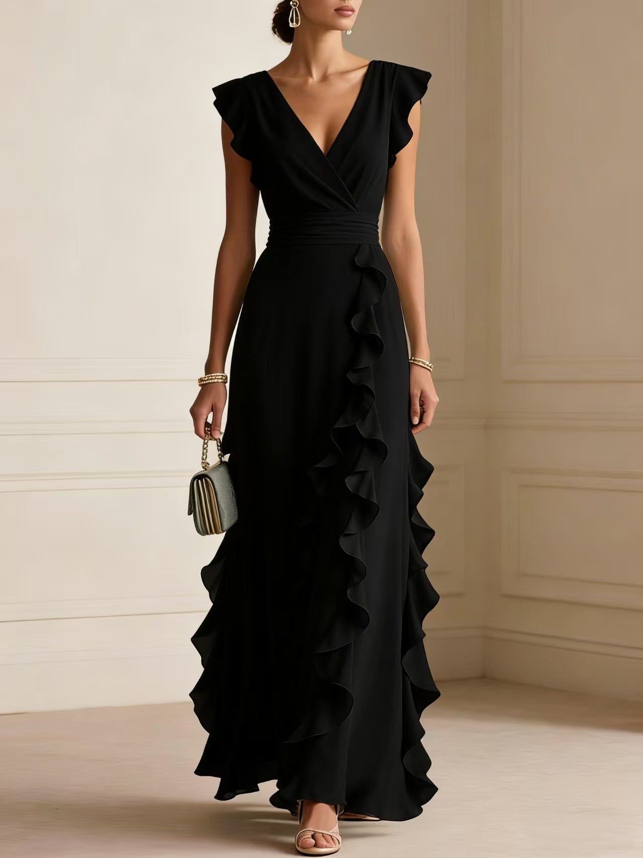 Silk V-Neck Ruffle Wrap Maxi Dress
