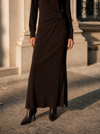 High-Neck Pleated Wrap Maxi Dress