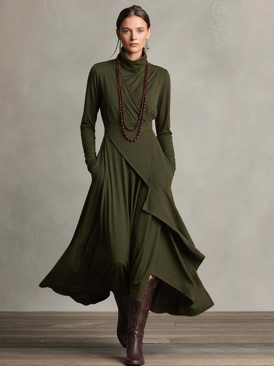 Asymmetric Draped Turtleneck Midi Dress