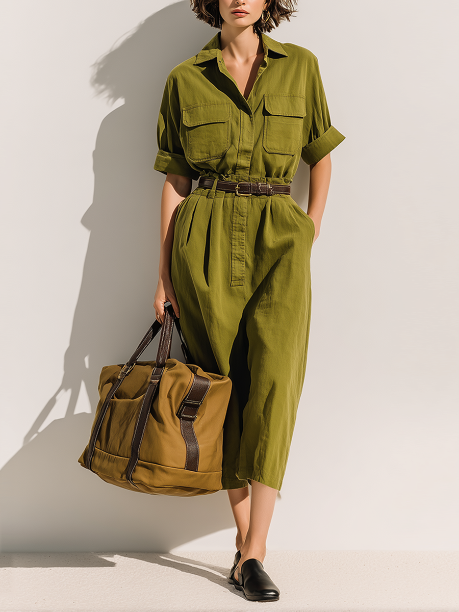 Cotton Linen Women's Olive Green Utility Jumpsuit with Pockets and Belted Waist