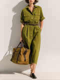 Cotton Linen Women's Olive Green Utility Jumpsuit with Pockets and Belted Waist