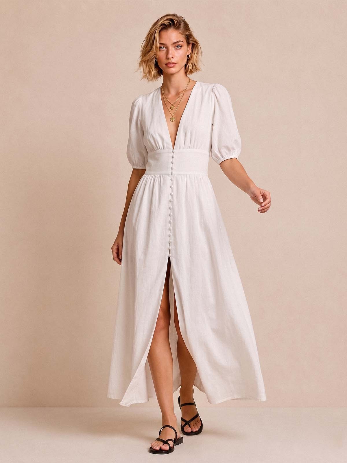 Deep V Puff Sleeve Maxi Dress